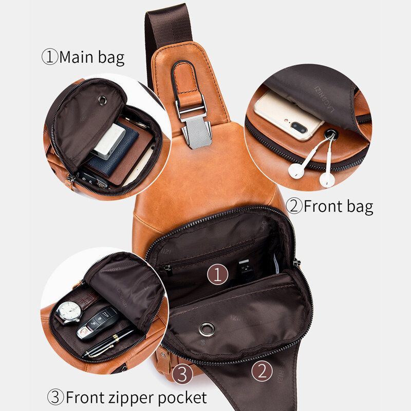 Miesten Lehmännahkainen Monitaskuinen Usb-latausrintalaukku Ulkomatkailu Varkaudenesto Crossbody Olkalaukku