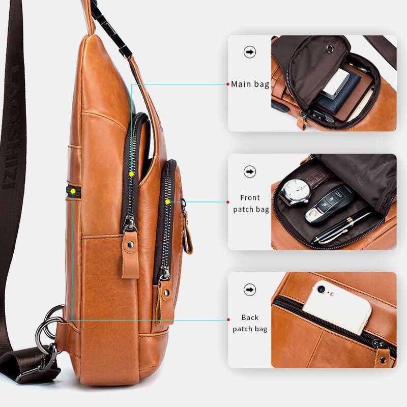 Miesten Lehmännahkainen Monitaskuinen Usb-latausrintalaukku Ulkomatkailu Varkaudenesto Crossbody Olkalaukku