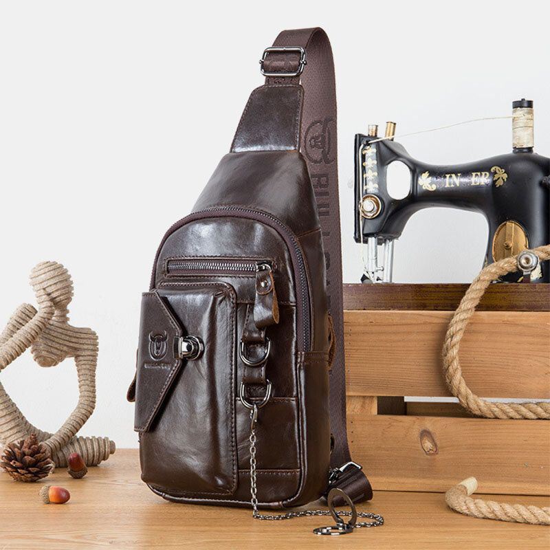 Miesten Monitaskuinen Pehmeä Nahkainen Rintalaukku Vintage Matkapuhelimen Pidike Ketju Crossbody Olkalaukku