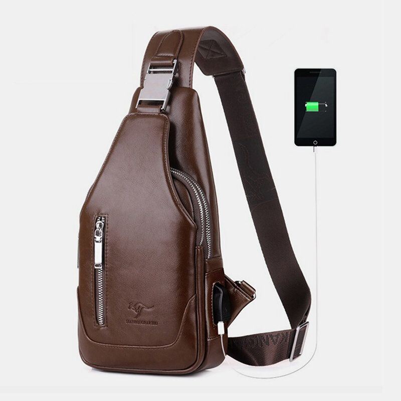 Miesten Pu Nahka Business Casual Outdoor Vedenpitävä Multi-carry Olkalaukku Crossbody Bag Rintalaukku Usb-latauksella