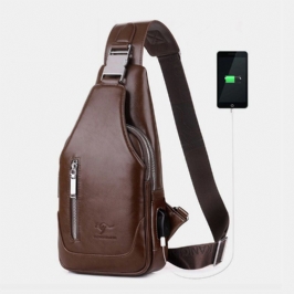 Miesten Pu Nahka Business Casual Outdoor Vedenpitävä Multi-carry Olkalaukku Crossbody Bag Rintalaukku Usb-latauksella