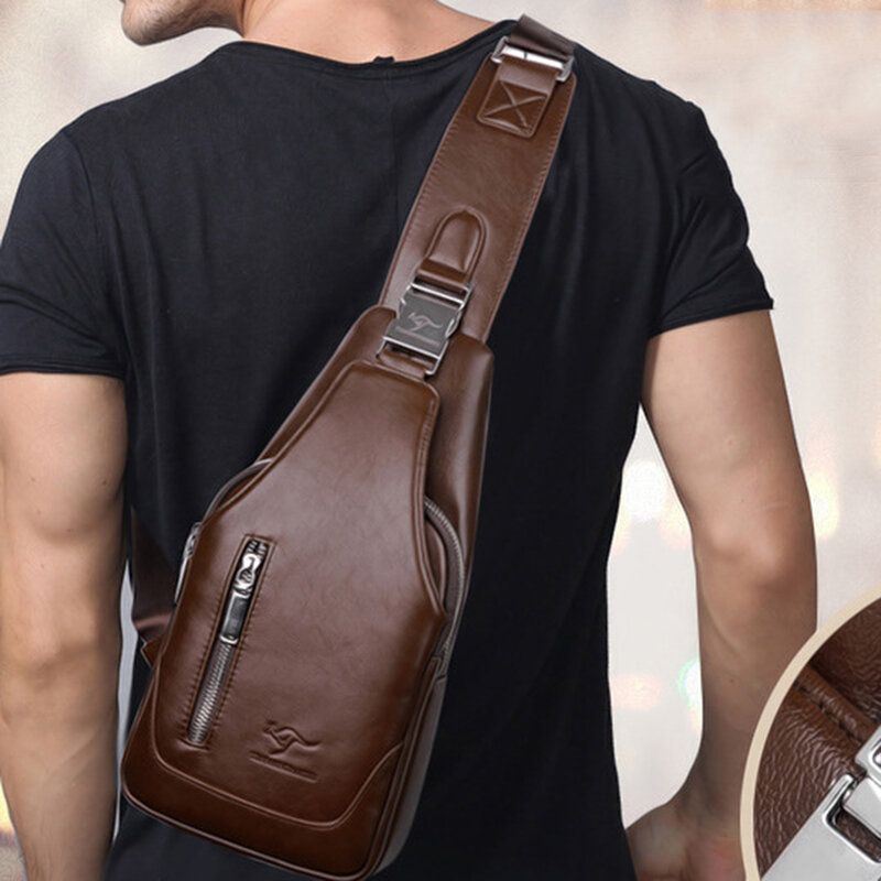 Miesten Pu Nahka Business Casual Outdoor Vedenpitävä Multi-carry Olkalaukku Crossbody Bag Rintalaukku Usb-latauksella