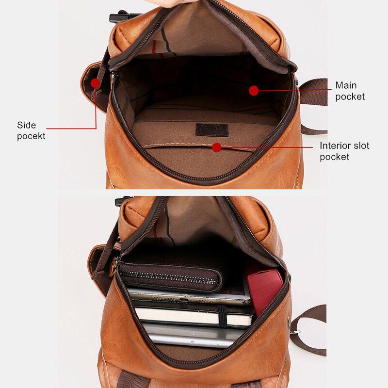 Miesten Pu Nahka Suuri Kapasiteetti Monitoimikuulokkeiden Reikä Usb-lataus Lyhyen Matkan Hihnalaukut Crossbody Bag Rintalaukku