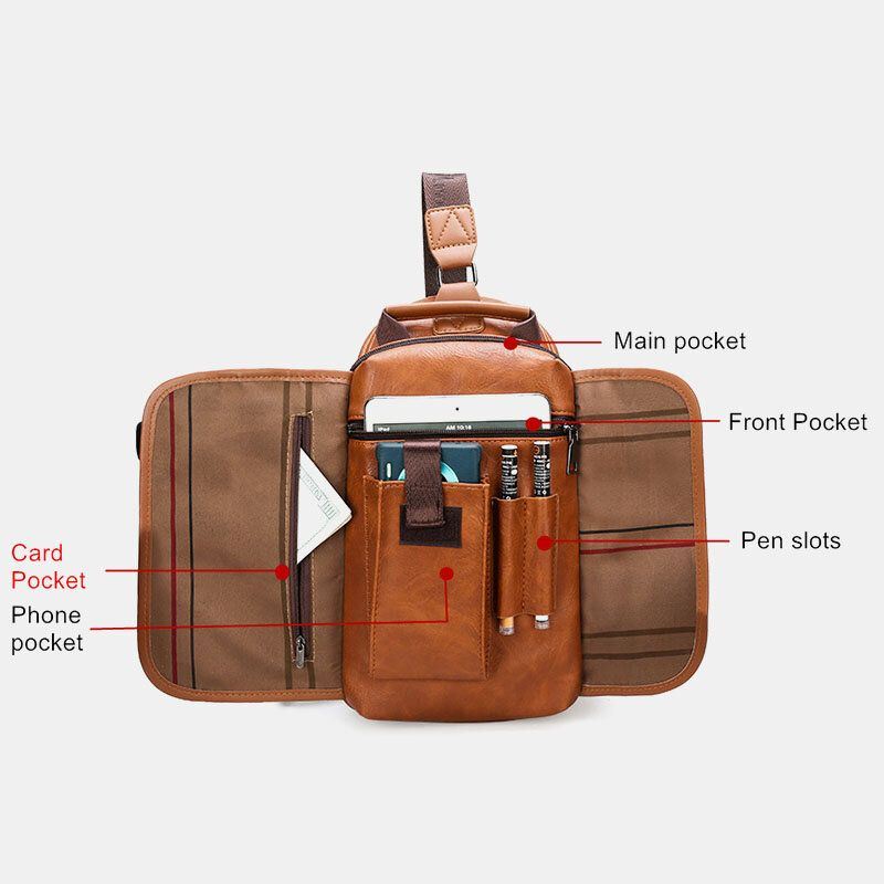 Miesten Pu Nahka Suuri Kapasiteetti Monitoimikuulokkeiden Reikä Usb-lataus Lyhyen Matkan Hihnalaukut Crossbody Bag Rintalaukku