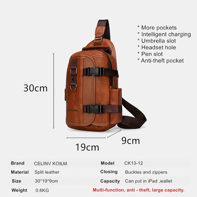Miesten Pu Nahka Suuri Kapasiteetti Monitoimikuulokkeiden Reikä Usb-lataus Lyhyen Matkan Hihnalaukut Crossbody Bag Rintalaukku