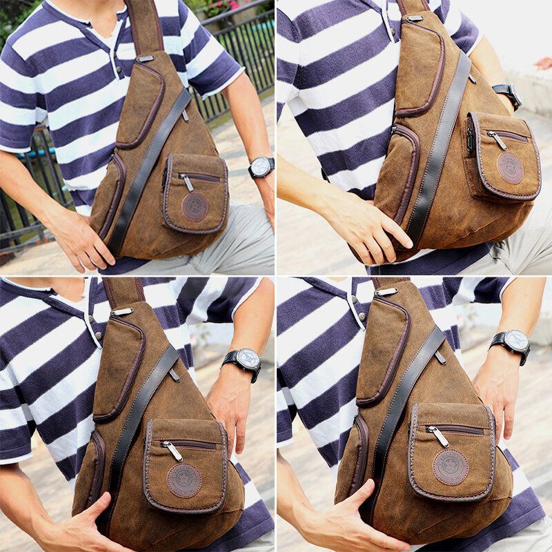 Miesten Retro Pesty Kangas Monitaskuinen Vedenpitävä Rintalaukku Outdoor Sport Suurikapasiteettinen Kulutusta Kestävä Crossbody Laukku Olkalaukku