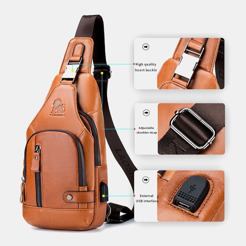Miesten Vintage Aitoa Nahkaa Monitoiminen Kuulokeaukko Suunnittelu Kulutusta Kestävä Rintalaukku Crossbody Bag -laukku