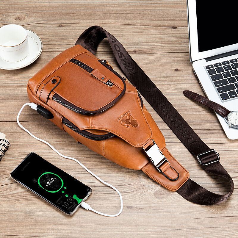 Miesten Vintage Aitoa Nahkaa Monitoiminen Kuulokeaukko Suunnittelu Kulutusta Kestävä Rintalaukku Crossbody Bag -laukku