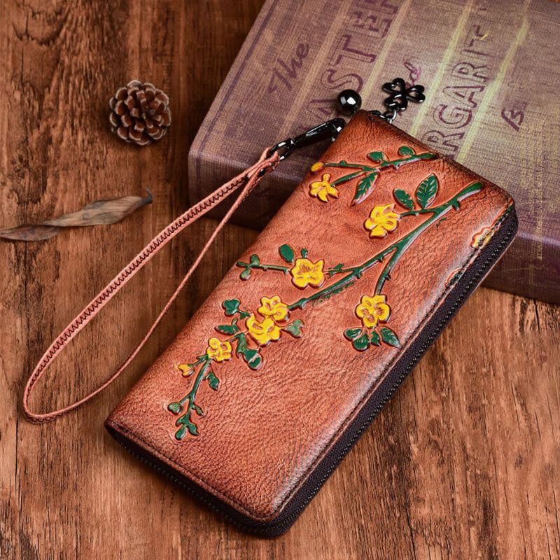 Naisten Aitoa Nahkaa Oleva Lompakko Kukkakuvioinen Kohokuvioitu Retropitkä Kolikkokukkaro Rahalompakot Clutch Laukut