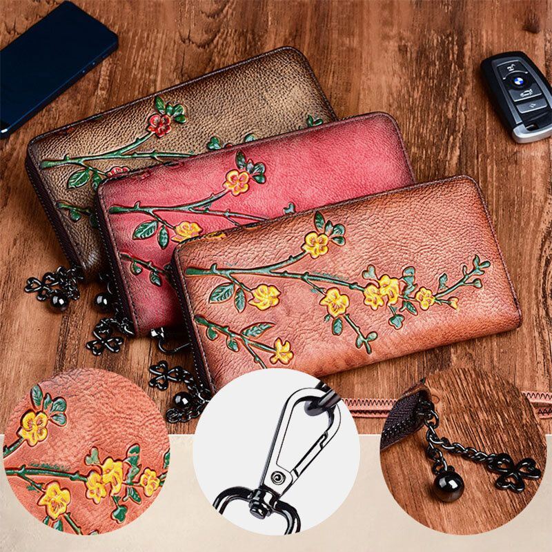 Naisten Aitoa Nahkaa Oleva Lompakko Kukkakuvioinen Kohokuvioitu Retropitkä Kolikkokukkaro Rahalompakot Clutch Laukut