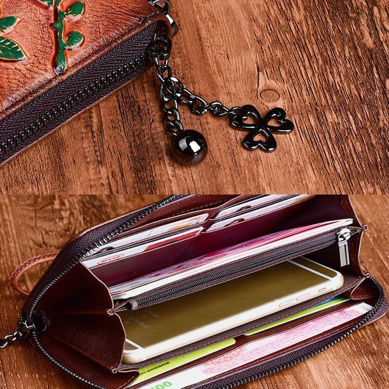Naisten Aitoa Nahkaa Oleva Lompakko Kukkakuvioinen Kohokuvioitu Retropitkä Kolikkokukkaro Rahalompakot Clutch Laukut