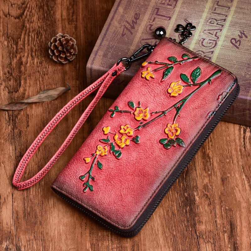 Naisten Aitoa Nahkaa Oleva Lompakko Kukkakuvioinen Kohokuvioitu Retropitkä Kolikkokukkaro Rahalompakot Clutch Laukut