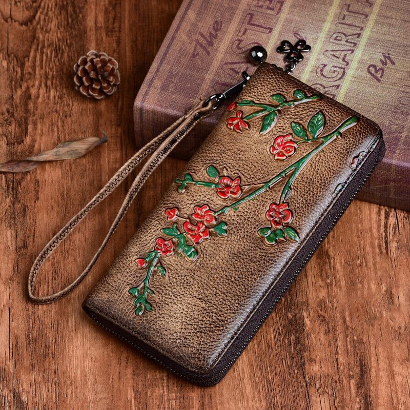 Naisten Aitoa Nahkaa Oleva Lompakko Kukkakuvioinen Kohokuvioitu Retropitkä Kolikkokukkaro Rahalompakot Clutch Laukut