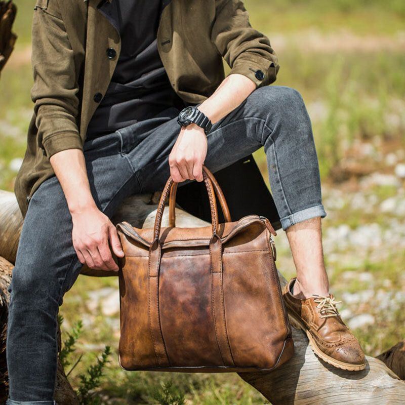 Miesten Aitoa Nahkaa Sisältävä Retro-monitaskuinen 15.6 Tuuman Kannettavan Tietokoneen Laukku Salkku Business-käsilaukku Crossbody-laukku
