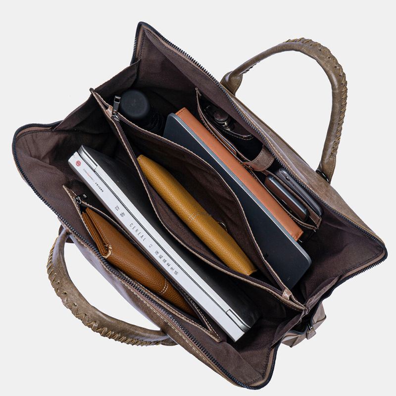 Miesten Aitoa Nahkaa Sisältävä Retro-monitaskuinen 15.6 Tuuman Kannettavan Tietokoneen Laukku Salkku Business-käsilaukku Crossbody-laukku