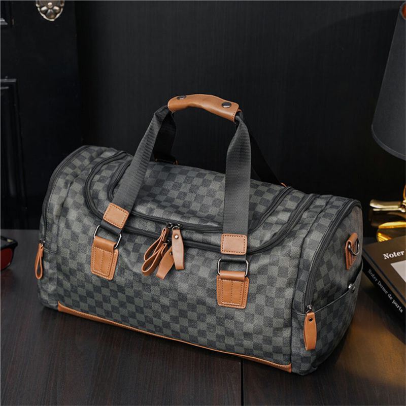 Miesten Pu Nahka Ruutukuvioinen Monitoimikäsilaukku Muoti Monitaskuinen Matkalaukku Fitness Bag Crossbody Laukku Olkalaukku