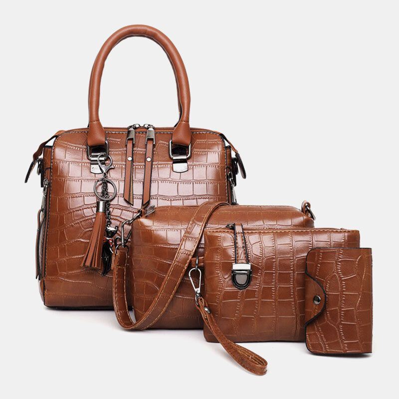 Naiset 4kpl Keinonahka Pehmeä Yksivärinen Puku Käsilaukku Crossbody Laukku Kytkinlaukku Korttilompakko