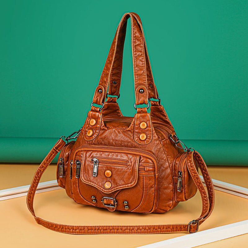 Naiset Pu Nahka Suuri Tilavuus Monitaskuinen Niitti Koriste Retro Pehmeä Käsilaukut Crossbody Laukut