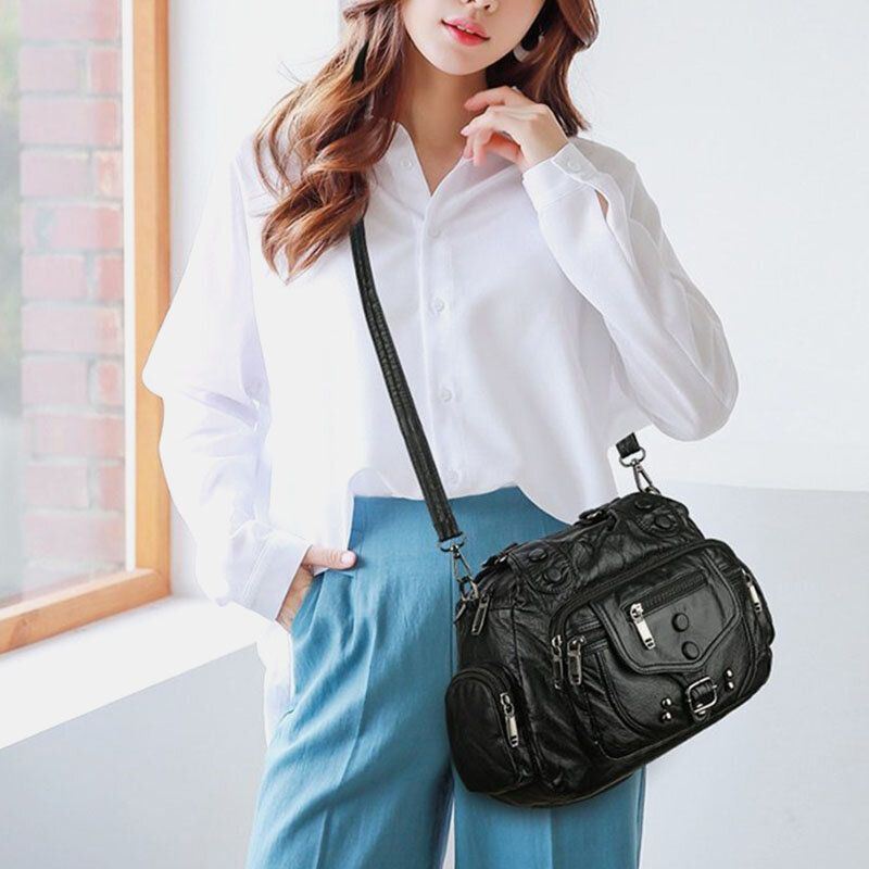 Naiset Pu Nahka Suuri Tilavuus Monitaskuinen Niitti Koriste Retro Pehmeä Käsilaukut Crossbody Laukut