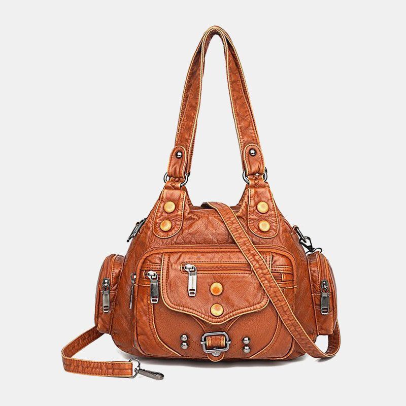 Naiset Pu Nahka Suuri Tilavuus Monitaskuinen Niitti Koriste Retro Pehmeä Käsilaukut Crossbody Laukut