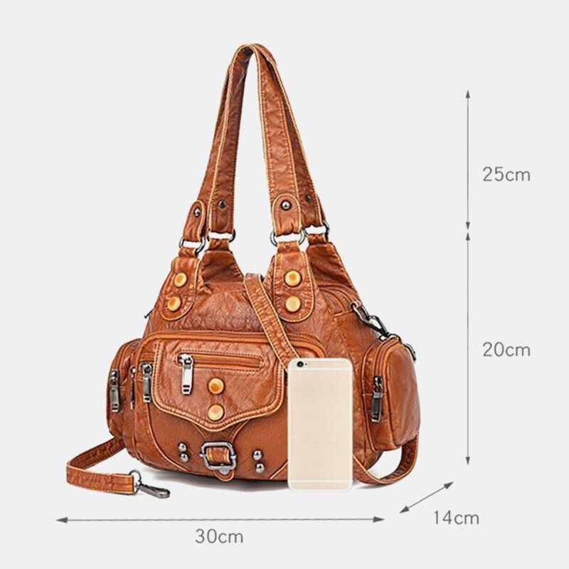 Naiset Pu Nahka Suuri Tilavuus Monitaskuinen Niitti Koriste Retro Pehmeä Käsilaukut Crossbody Laukut