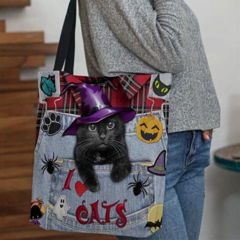 Naisten Canvas Magic Hat Kolmiulotteinen 3d Söpö Musta Kissa Käsilaukku Kangas Olkalaukku