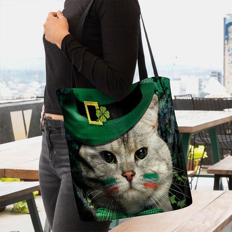 Naisten Clover Cat Pattern -tuloste Happy St Patrick Day Olkalaukku Käsilaukku Tote