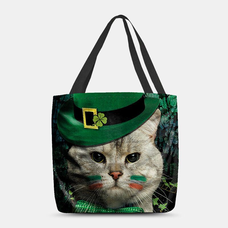 Naisten Clover Cat Pattern -tuloste Happy St Patrick Day Olkalaukku Käsilaukku Tote