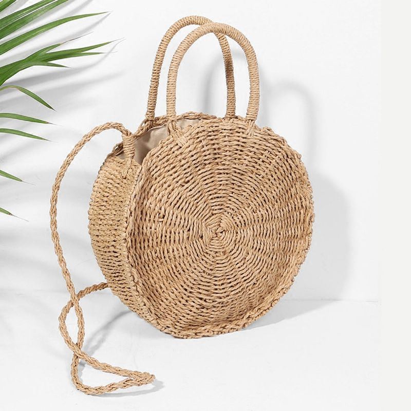 Naisten Käsinkudottu Laukku Pyöreä Rottinki Olki Bohemia Style Beach Circle Rantalaukut