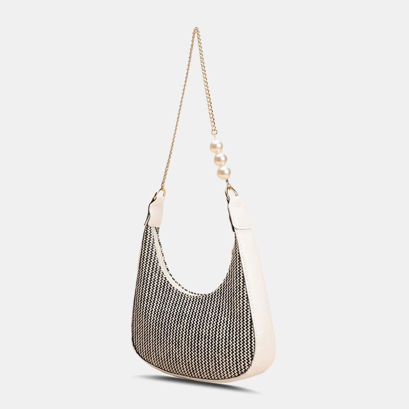 Naisten Pu Nahka Pearl Decor Ketju Käsilaukku Hengittävä Lehmäkuvio Half Moon Olkalaukku Kainalolaukku