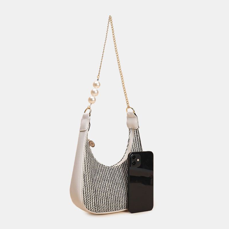 Naisten Pu Nahka Pearl Decor Ketju Käsilaukku Hengittävä Lehmäkuvio Half Moon Olkalaukku Kainalolaukku
