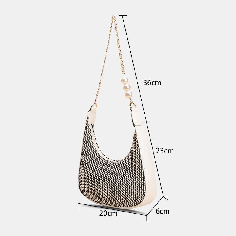 Naisten Pu Nahka Pearl Decor Ketju Käsilaukku Hengittävä Lehmäkuvio Half Moon Olkalaukku Kainalolaukku