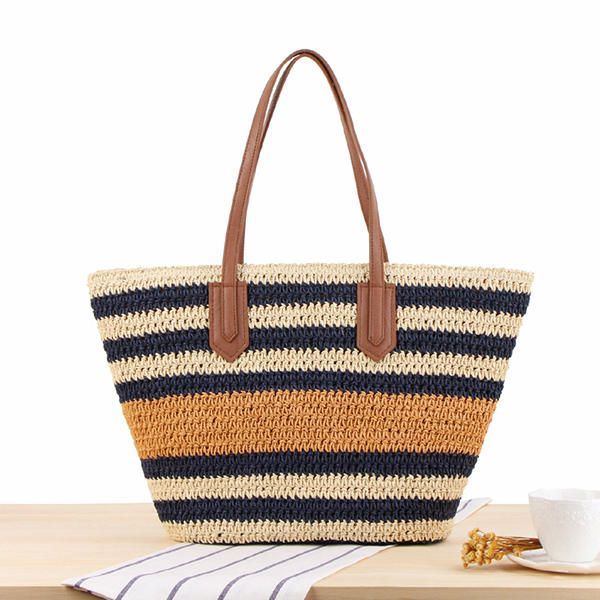 Naisten Raidallinen Olkalaukku Straw Beach Bag Kangaskassi Käsilaukku