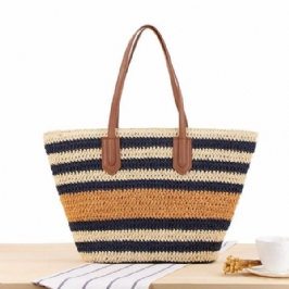 Naisten Raidallinen Olkalaukku Straw Beach Bag Kangaskassi Käsilaukku