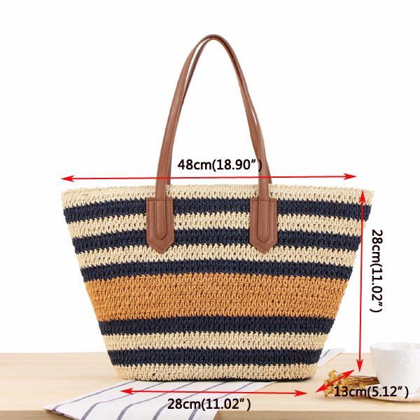 Naisten Raidallinen Olkalaukku Straw Beach Bag Kangaskassi Käsilaukku