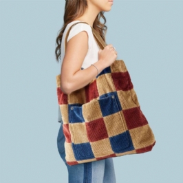 Naisten Väriä Vastaava Suuri Kapasiteetti Vakosametti Ruudullinen Etutasku Vintage Olkalaukku Käsilaukku