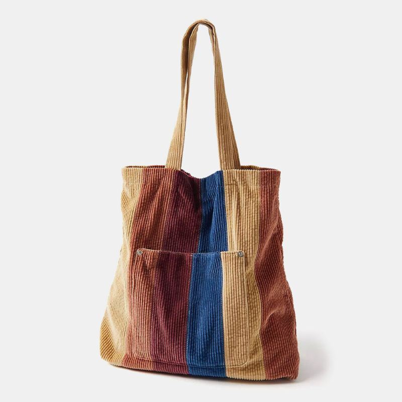Naisten Vakosametan Värillinen Raidallinen Etutasku Kantalaukku Suuri Tilavuus Vintage Olkalaukku Käsilaukku