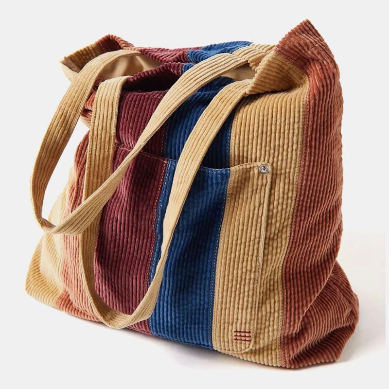 Naisten Vakosametan Värillinen Raidallinen Etutasku Kantalaukku Suuri Tilavuus Vintage Olkalaukku Käsilaukku
