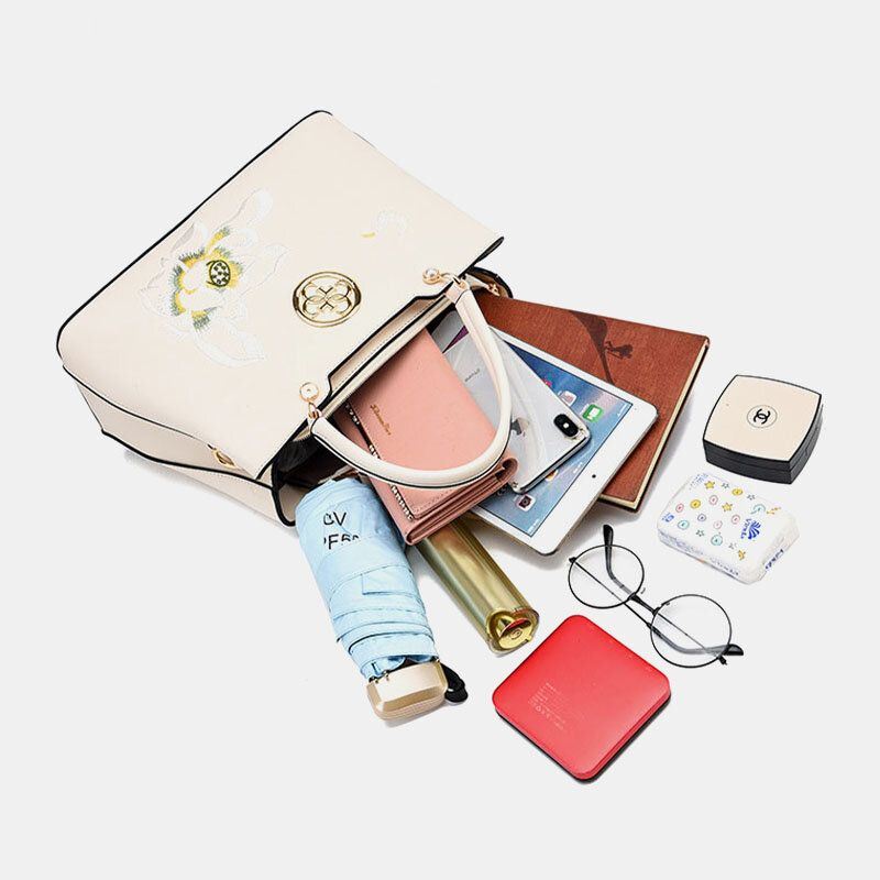 Naisten Vintage Kiinalainen Gardenia Kukka Brodeerattu Käsilaukku Suuri Tilavuus Monitaskuinen Monikantainen Pu Leahter Crossbody Laukku