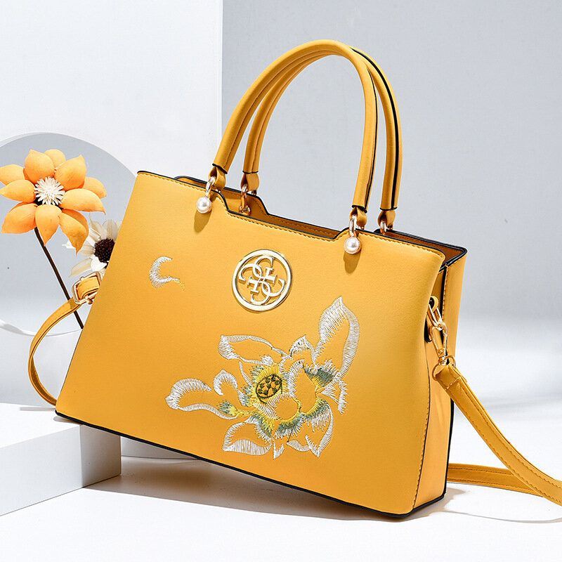 Naisten Vintage Kiinalainen Gardenia Kukka Brodeerattu Käsilaukku Suuri Tilavuus Monitaskuinen Monikantainen Pu Leahter Crossbody Laukku