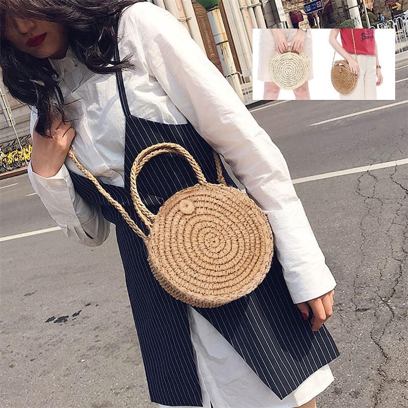 Pyöreä Olkilaukku Beige Valkoinen Naisten Rottinki Ympyrä Käsinkudottu Olkalaukku Crossbody Laukku