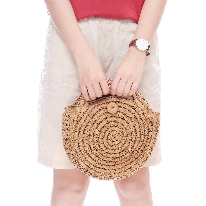 Pyöreä Olkilaukku Beige Valkoinen Naisten Rottinki Ympyrä Käsinkudottu Olkalaukku Crossbody Laukku