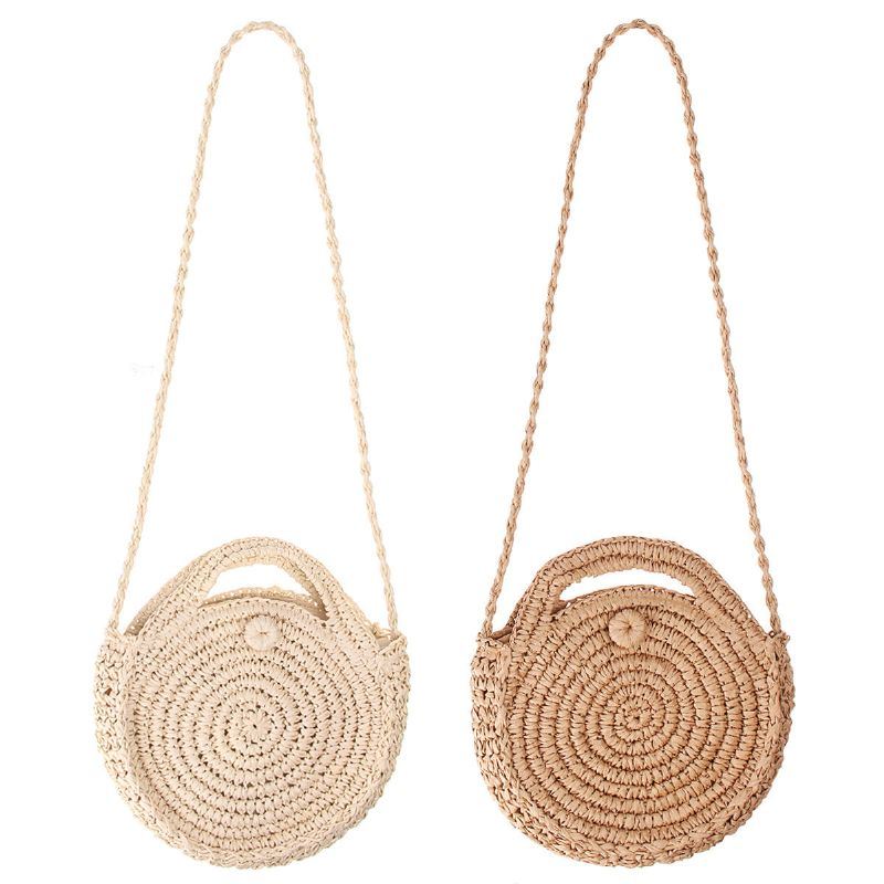 Pyöreä Olkilaukku Beige Valkoinen Naisten Rottinki Ympyrä Käsinkudottu Olkalaukku Crossbody Laukku