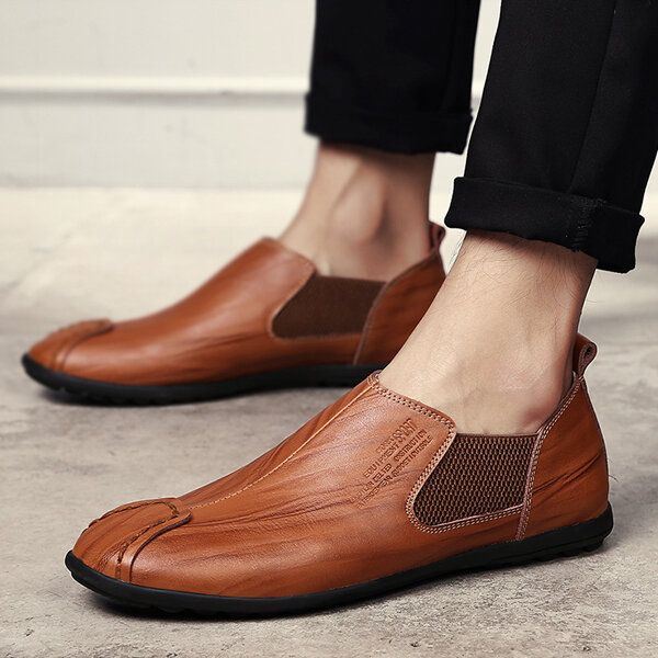 Kengät Miesten Rento Käsinompeleminen Aito Nahka Joustava Flat Oxfords