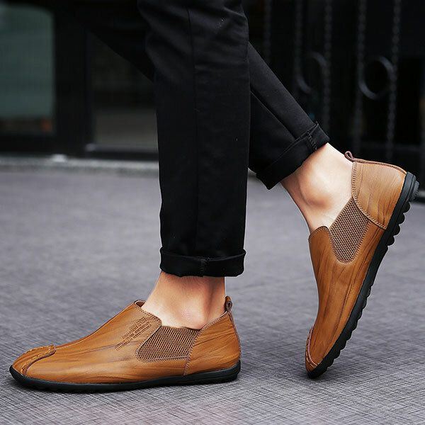 Kengät Miesten Rento Käsinompeleminen Aito Nahka Joustava Flat Oxfords
