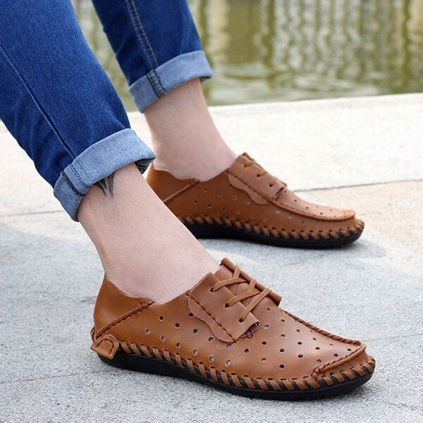 Miesten Pehmeä Nahka Hengittävä Hollow Out Oxfords Nauhalliset Kävelykengät