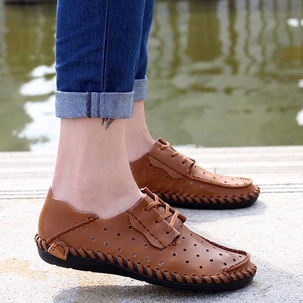 Miesten Pehmeä Nahka Hengittävä Hollow Out Oxfords Nauhalliset Kävelykengät